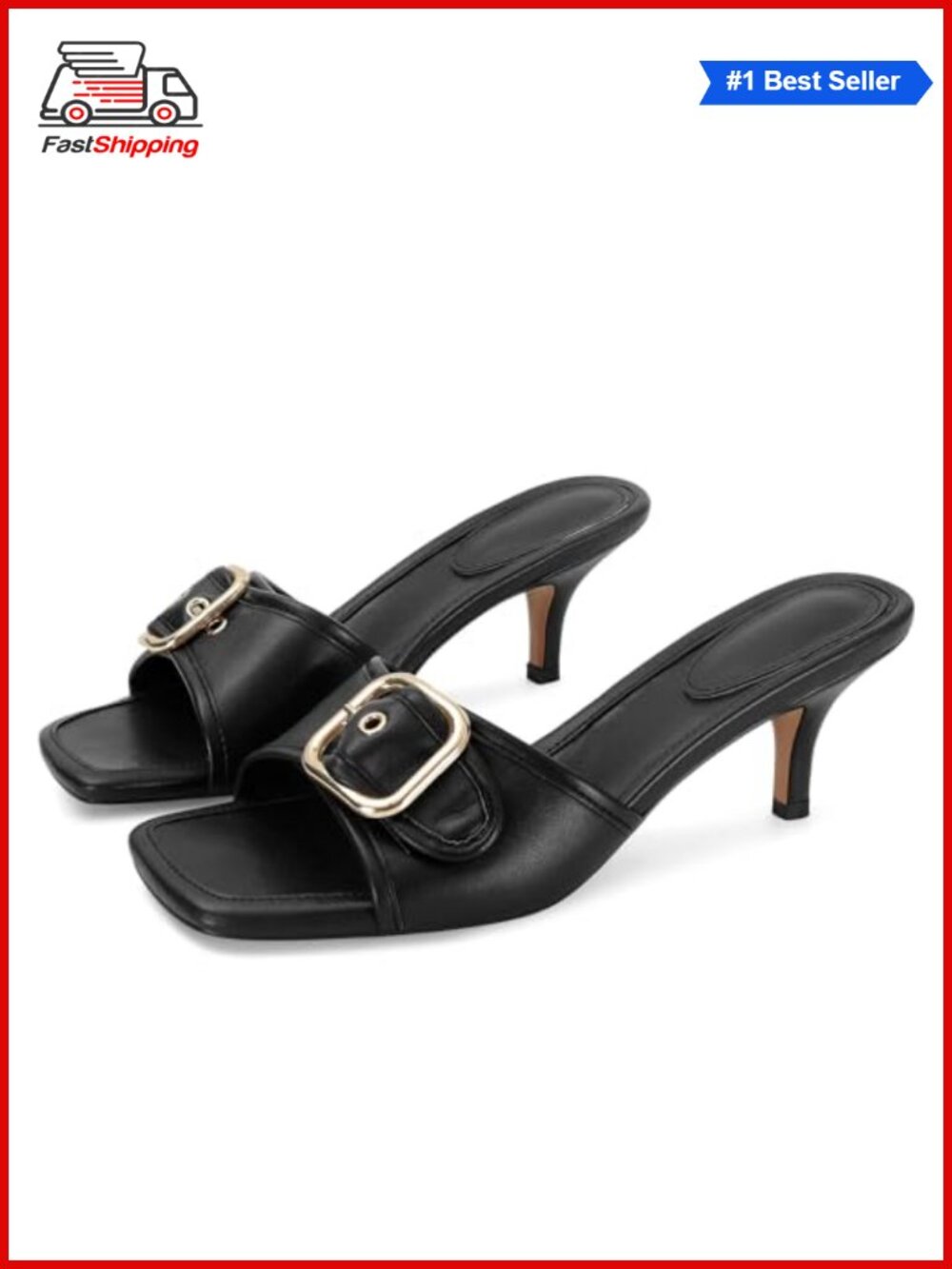 ✨ Kitten Heel Sandals Vegan Leather Square Open Toe Mule Slide Dress Shoes for